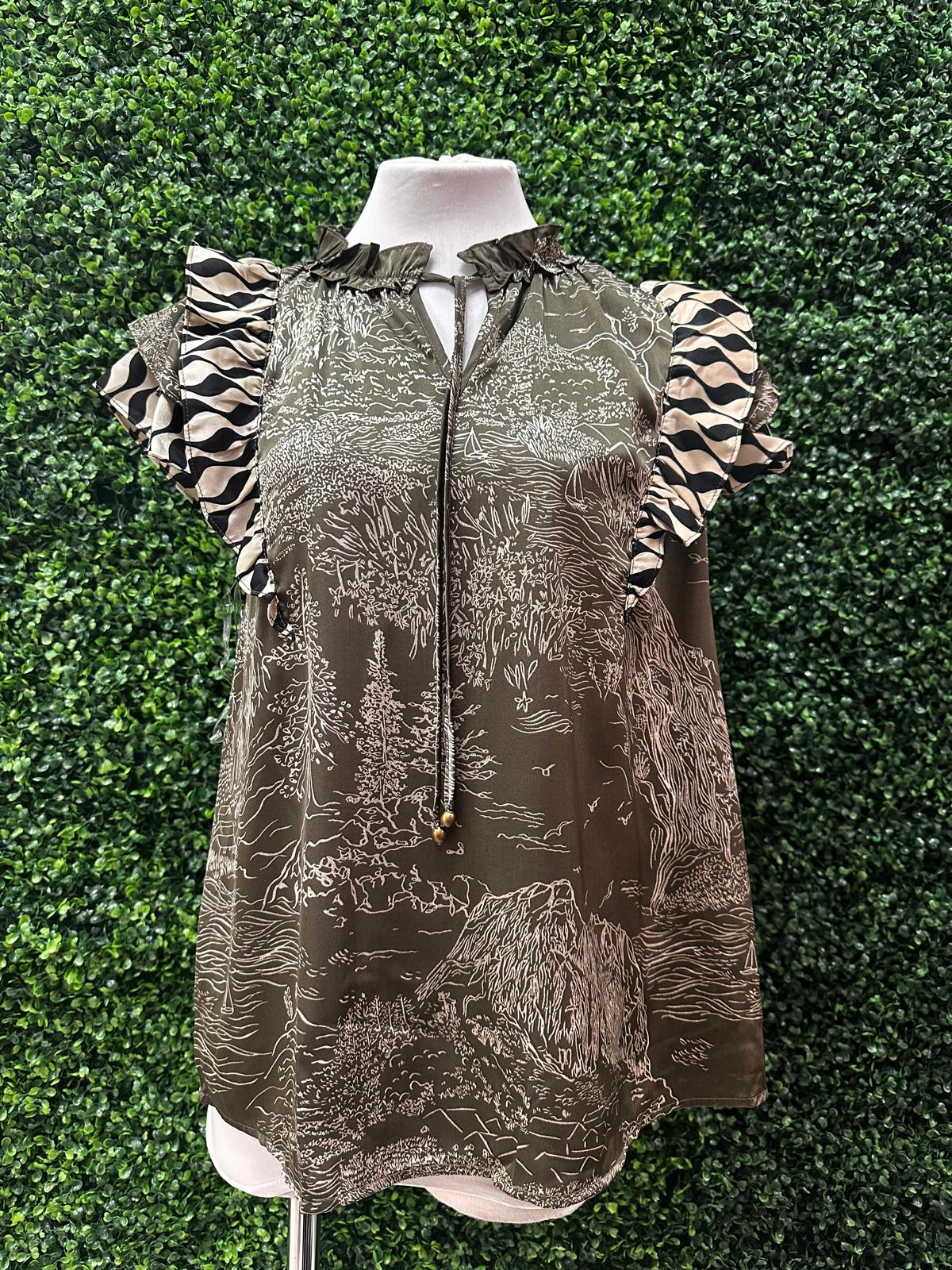 Olive Combo Animal Print Ruffled Blouse