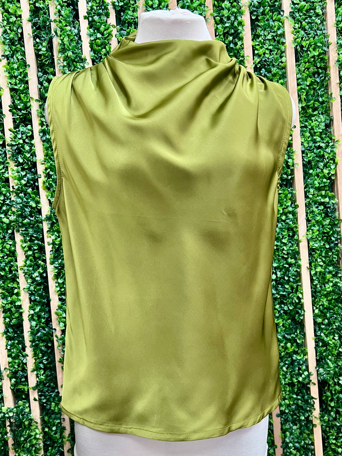 Olive Green Draped Satin Sleeveless Top