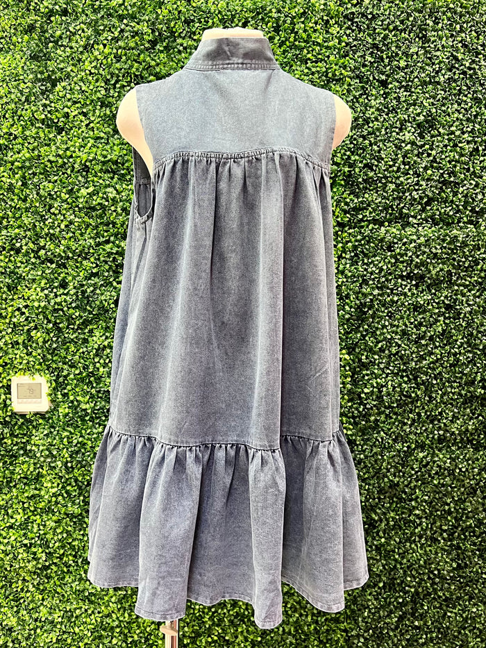 Neck Tie Sleeveless Denim Dropwaist Short Dress