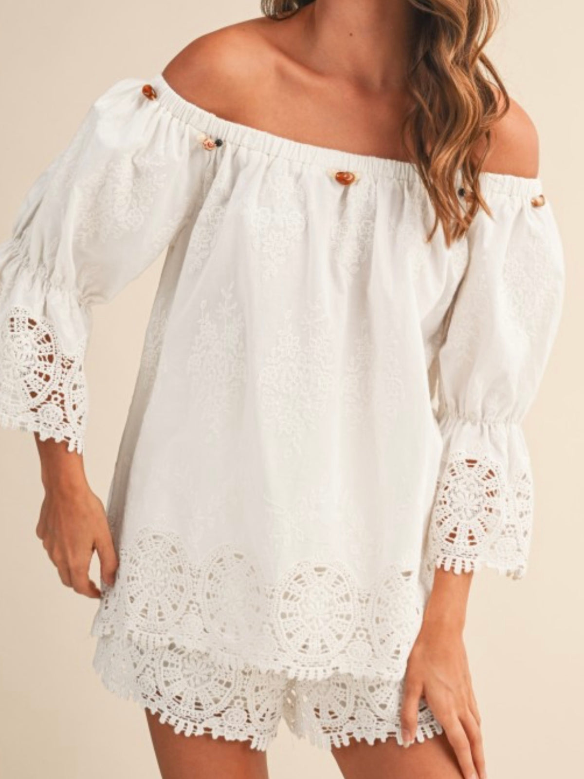 Off White Shell Trim Lace Detail Off Shoulder Top