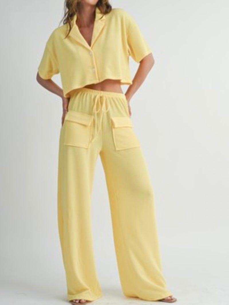 Lemon Ribbed Loose Fit Crop Top Cargo Pant Set