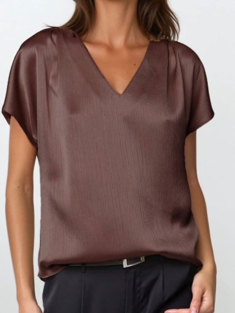 Crinkle Stain Pleated Cap Sleeve Blouse