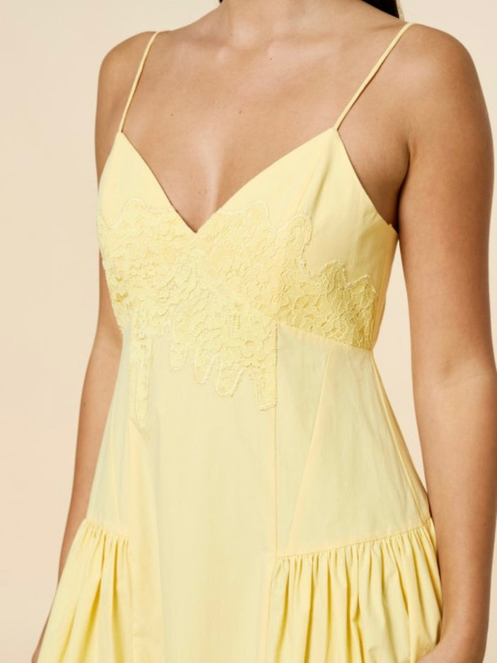 Yellow Lace Detail Fit and Flare V neck Midi Dress