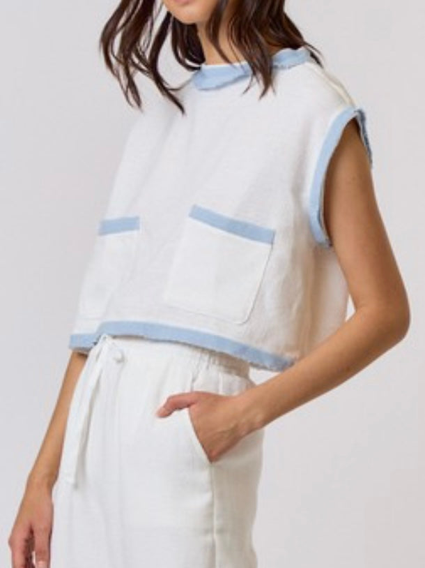 Ivory Blue Textured Pocket Detail Blouse