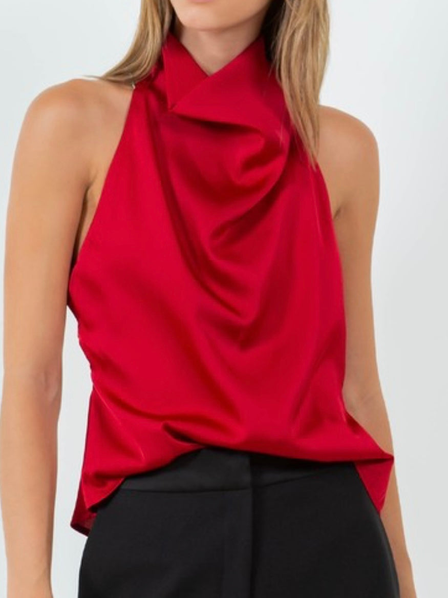 Back Bow Detail Satin colCowl Neck Top