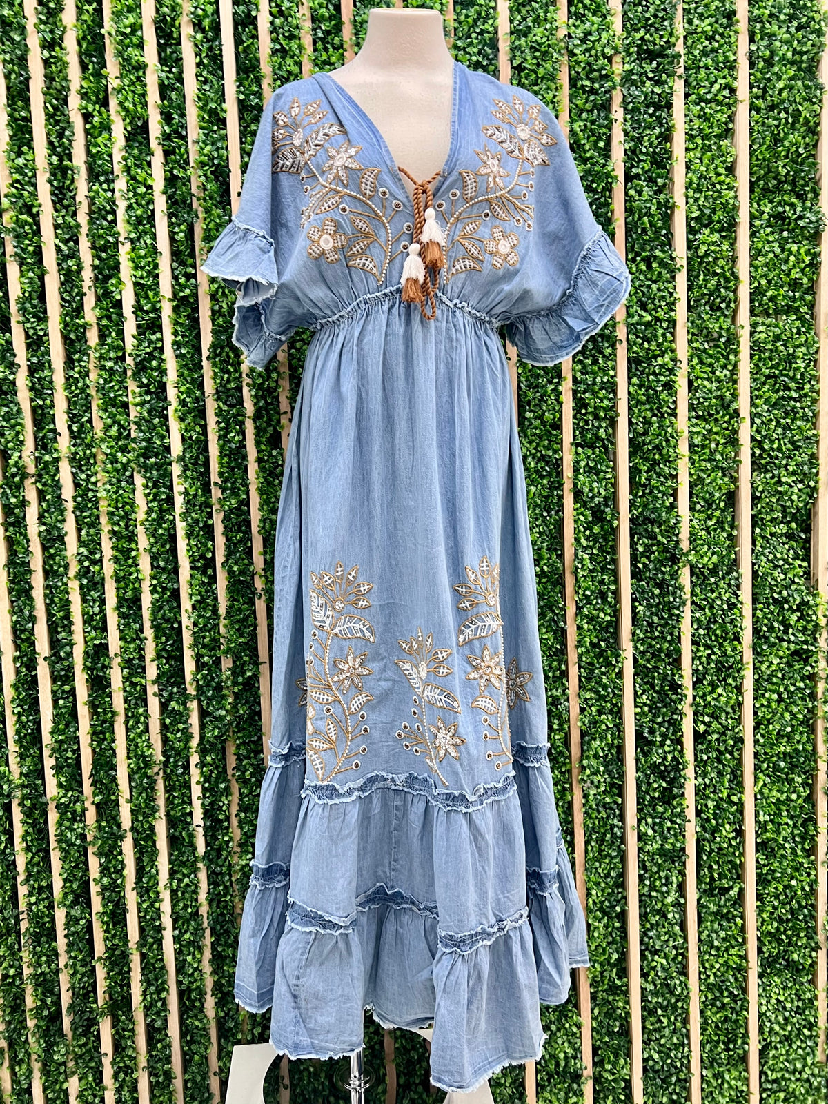 Beautiful Denim Embroided Kimono Maxi Dress