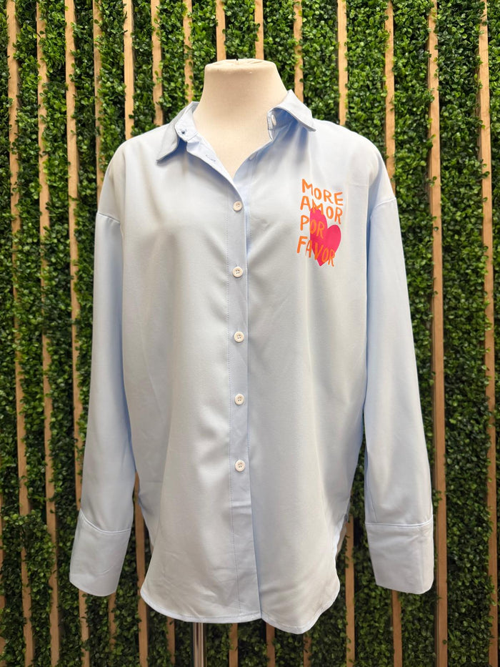 More Amor Por Favor Oversized Button-Down Shirt – Black & Blue