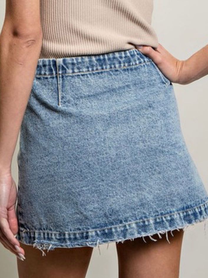 Stone Washed Wrap Denim Skirt