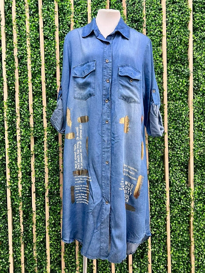 Gold Foil Print Denim Blouse Midi Dress