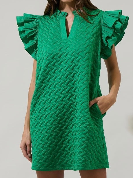 Green Quilted Ruffle Short Dress