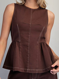 Oak Brown Stitch Detail Sleeveless Peplum Top
