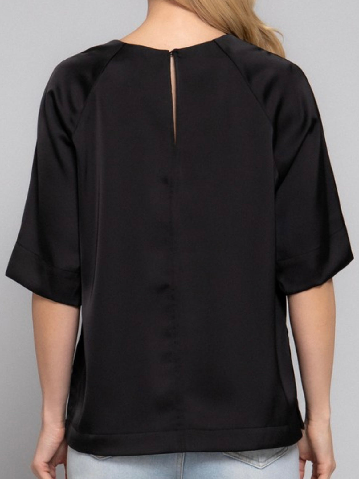 Black Satin Relaxed Short-Sleeve Blouse