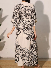 Ivory Black Floral Deco Kimono Maxi Dress