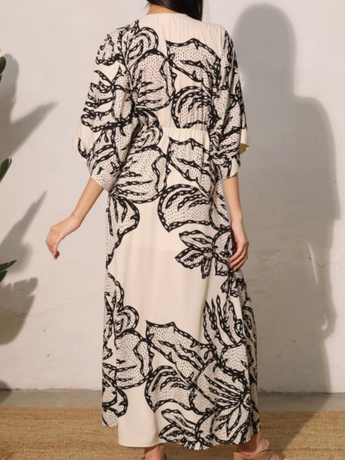 Ivory Black Floral Deco Kimono Maxi Dress