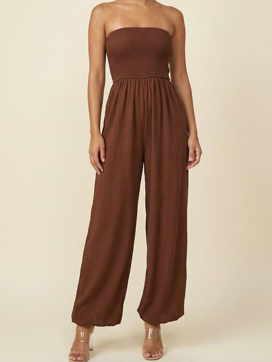 Dressy Strapless Smocked Wide-Leg Jumpsuit