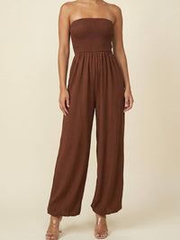 Dressy Strapless Smocked Wide-Leg Jumpsuit
