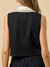 Black Sleeveless Tweed Top With Contrast Collar