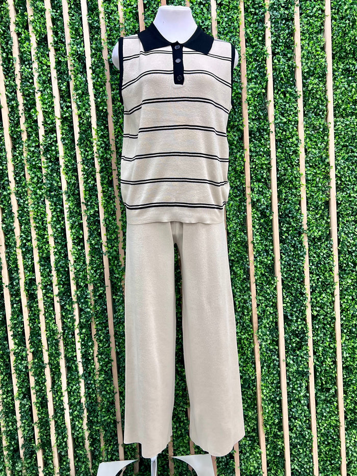 Stripe Detail Polo Short Sleeve Pant Set