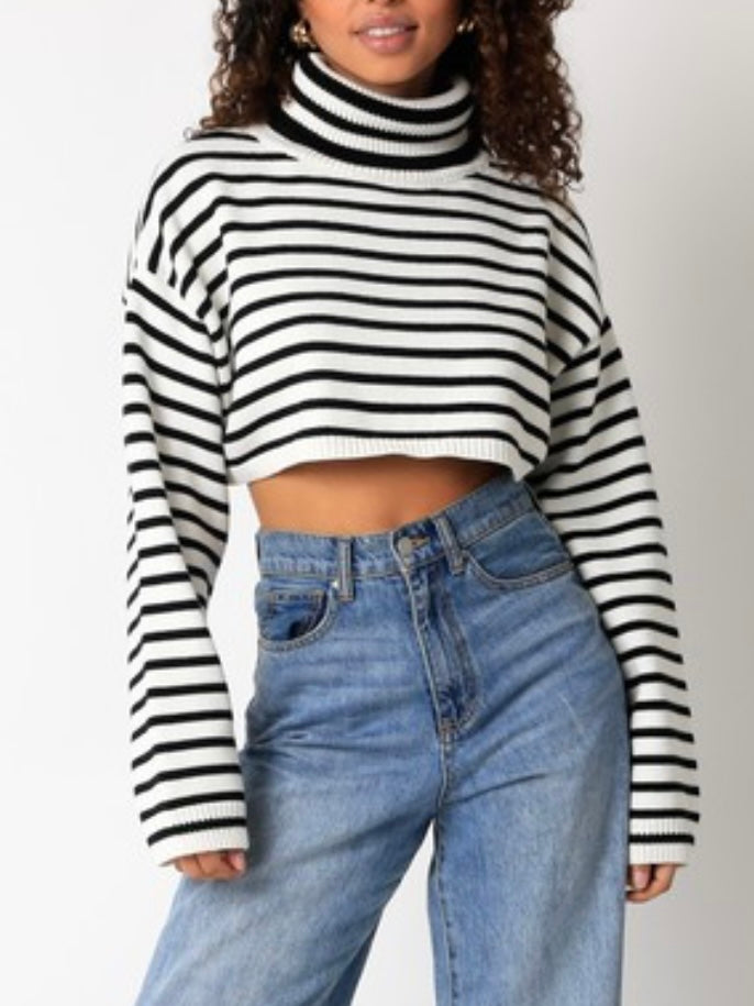 White Black Striped Hign Neck Crop Sweater