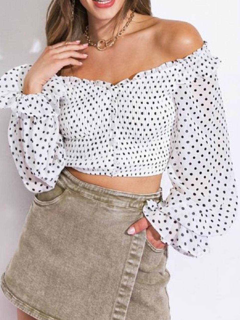 White Polka Dot Off Shoulder Top