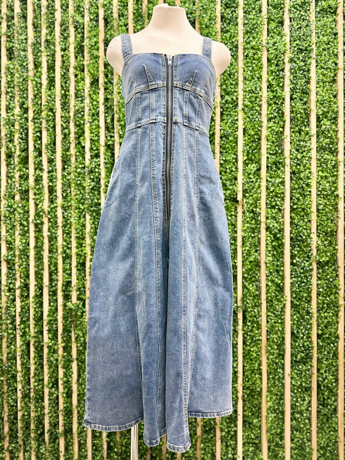 Front Zipper Halter Neck Denim Midi Dress