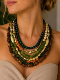 Resort Wood Beaded Chunky Statement Necklace
