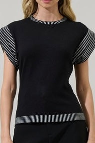 White Contrast Black Cap Sleeve Knit Top