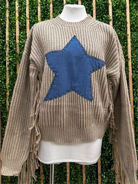 Beige Knit Sweater with Denim Star Patch