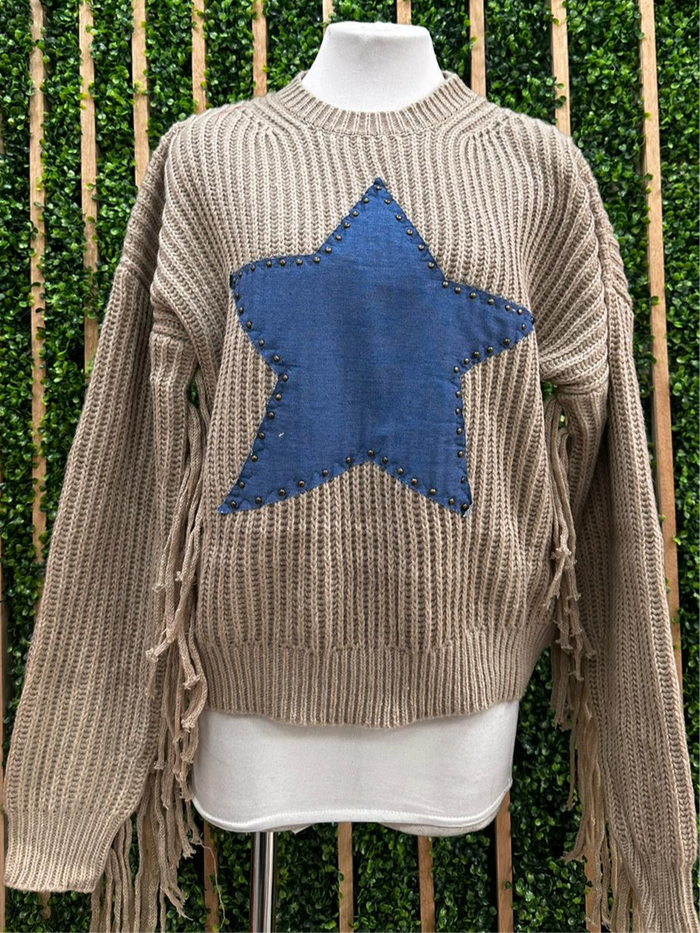 Beige Knit Sweater with Denim Star Patch