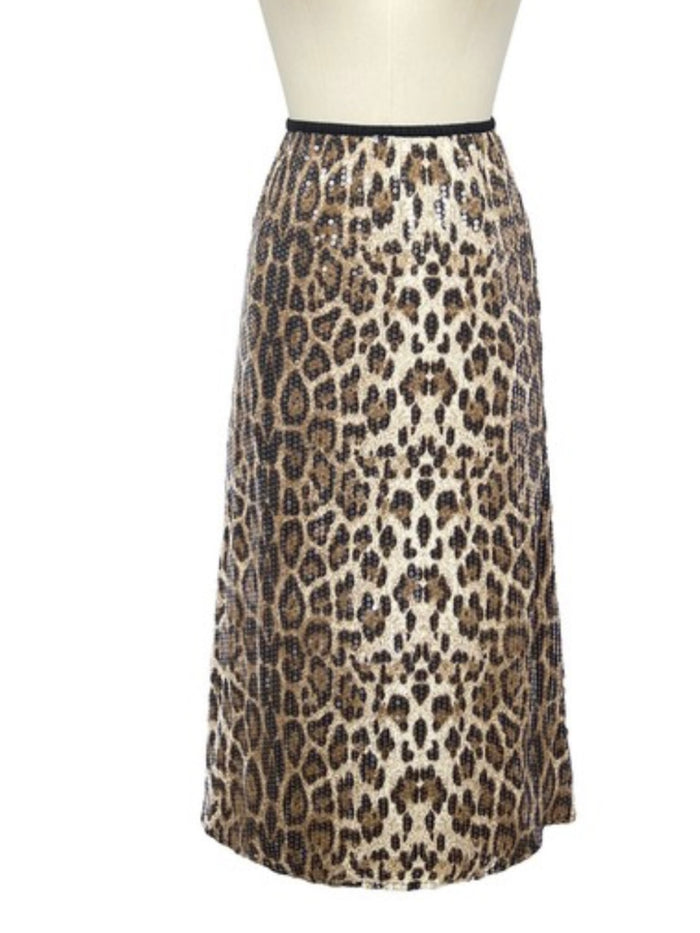 Brown Sequin Leopard Midi Skirt