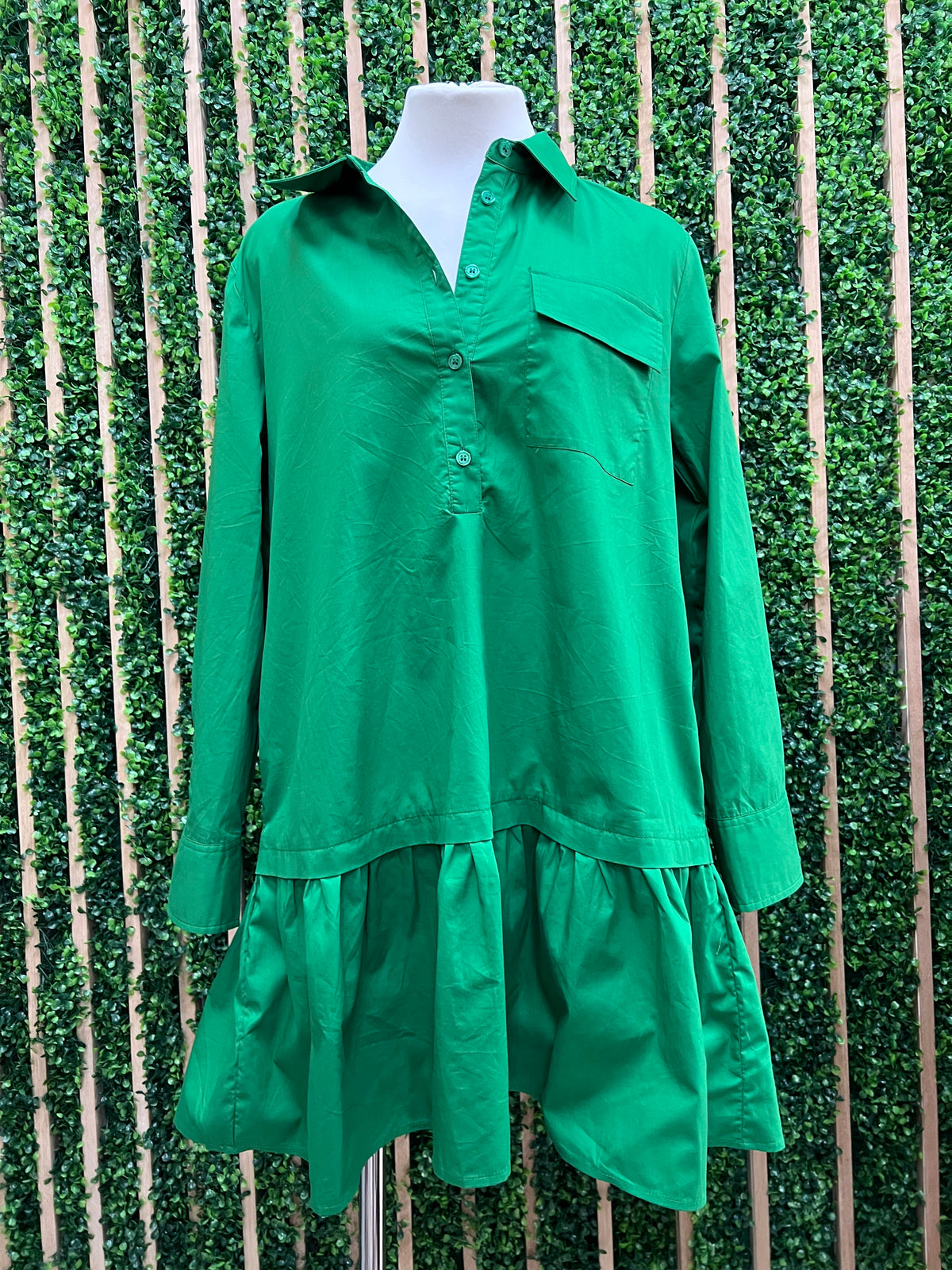 Button Up Kelly Green Roll Up Sleeves Ruffle Hem Short Dress