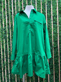 Button Up Kelly Green Roll Up Sleeves Ruffle Hem Short Dress