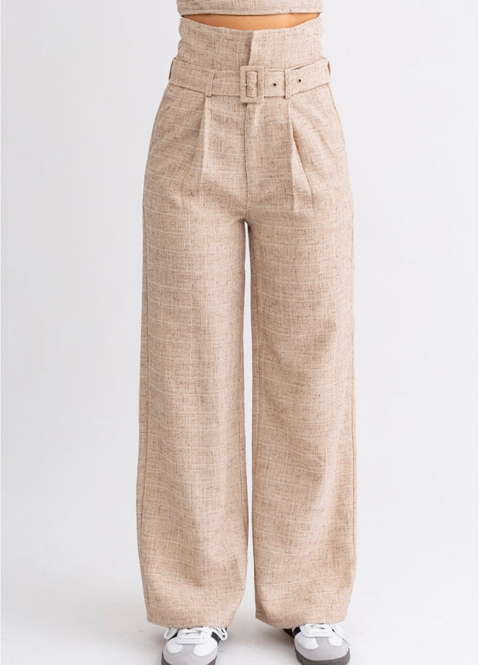 Taupe Textured Belted High Waist Pant