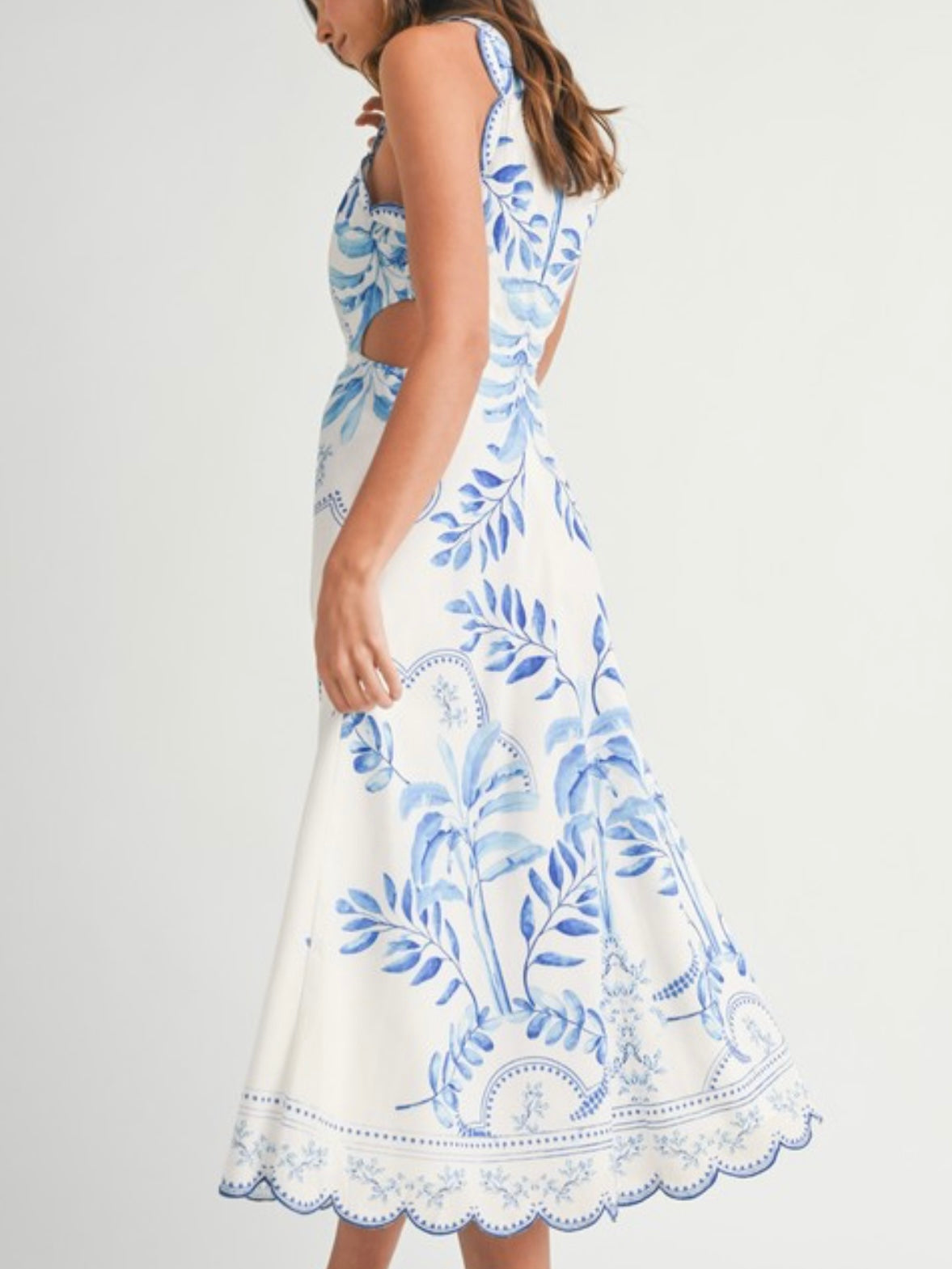 Beautiful Blue Print Scallop Hem Midi Dress