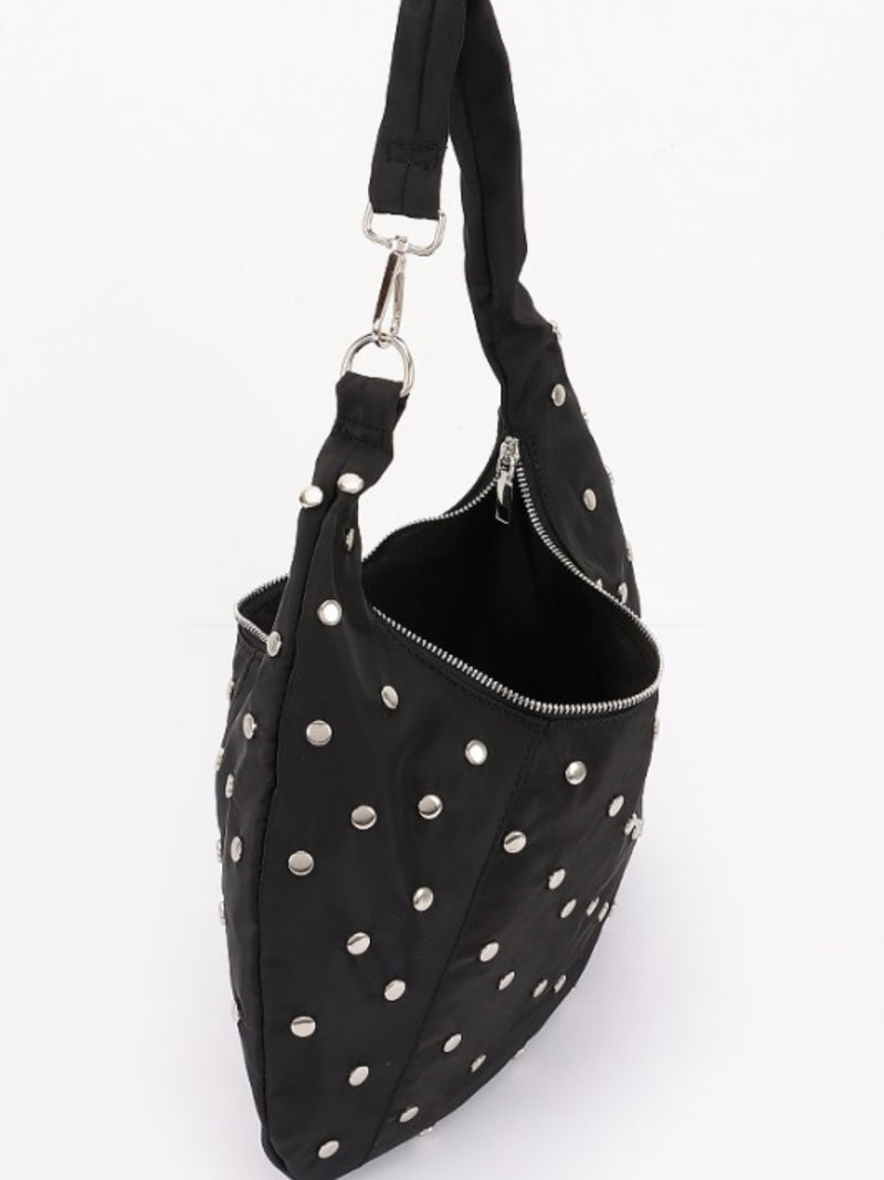 Black Nylon Studded Hobo Bag