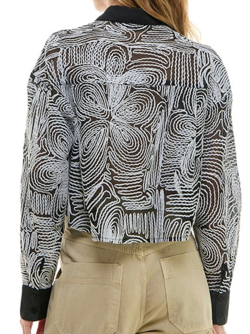 Black White Embroidered Organza Crop Blouse