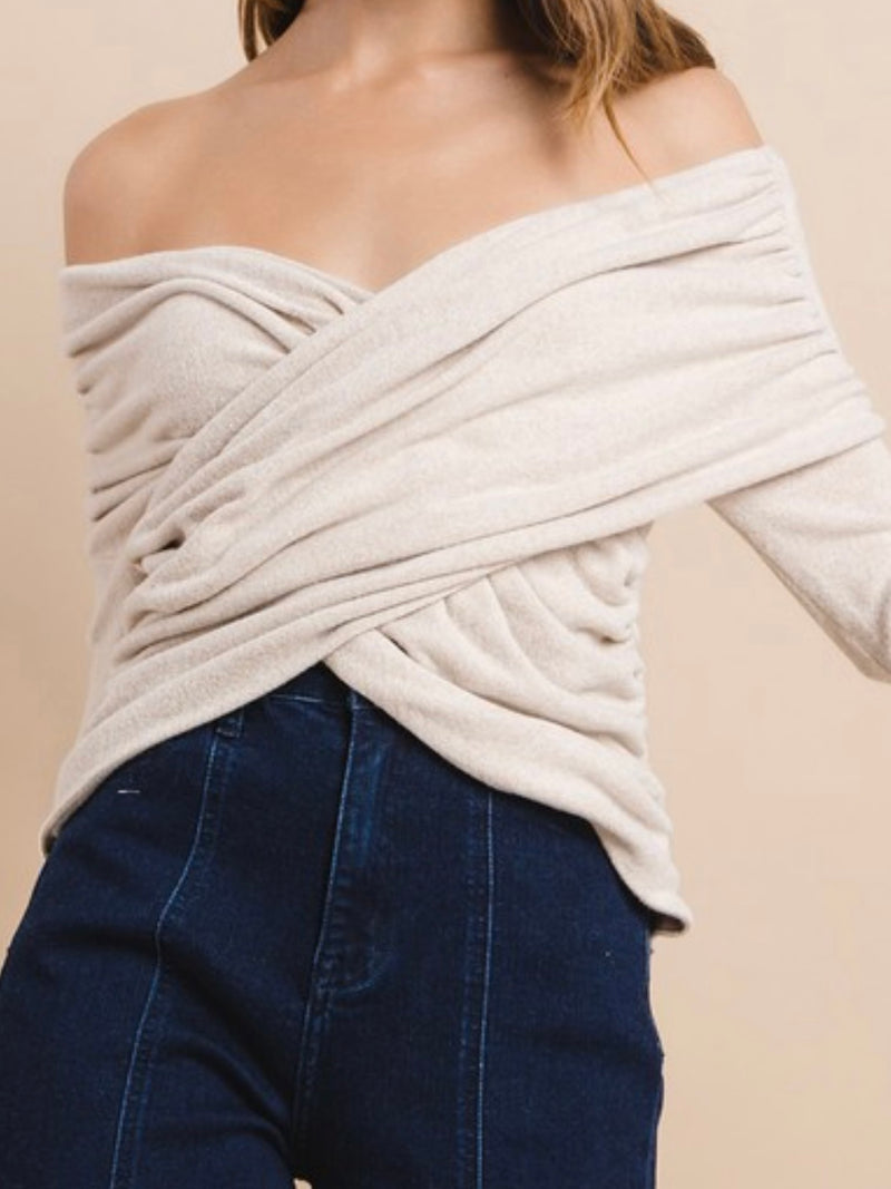 Beige Off Shoulder Crossed Top