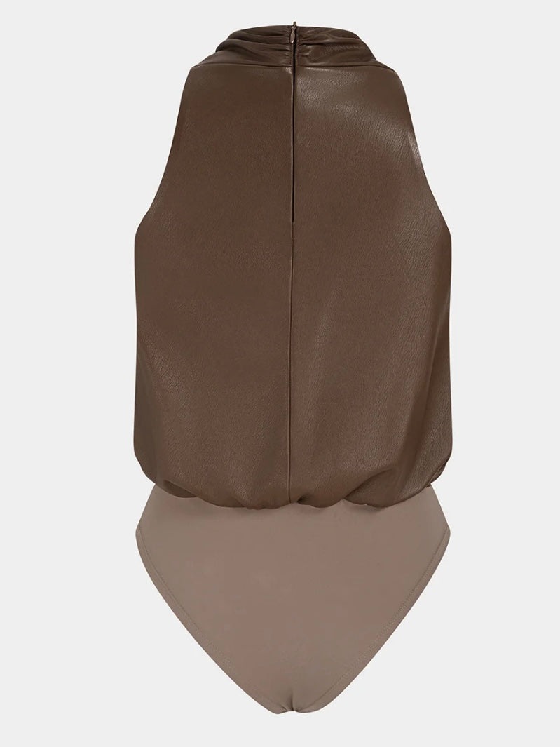 Chocolate Faux Leather Cross-Front Halter Bodysuit
