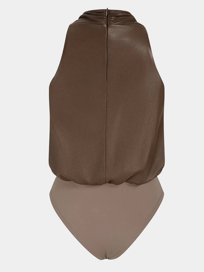 Chocolate Faux Leather Cross-Front Halter Bodysuit