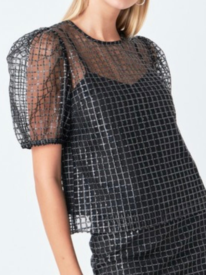 Black Sequin Organza Mesh Blouse