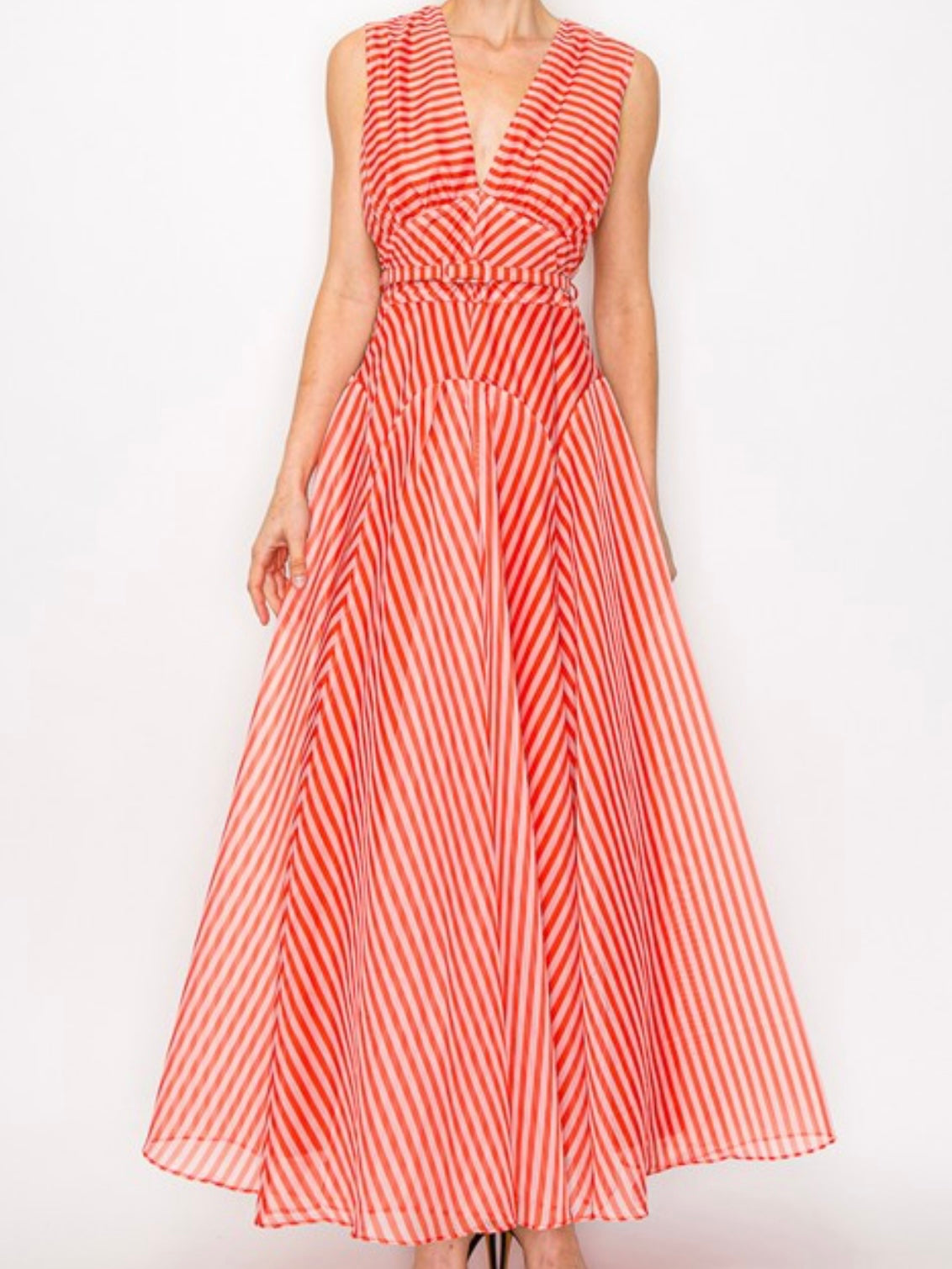 Beautiful Red Striped V Neck Midi Dress