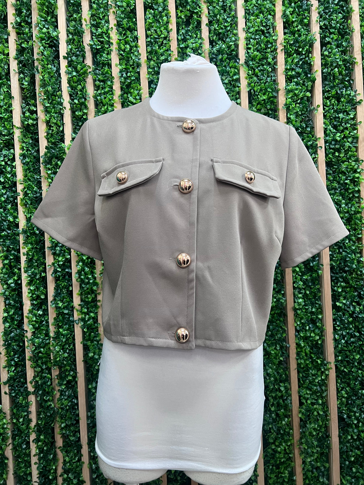 Taupe Cropped Button-Up Top