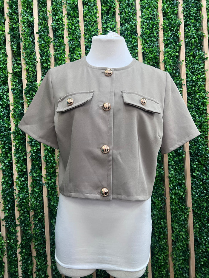 Taupe Cropped Button-Up Top