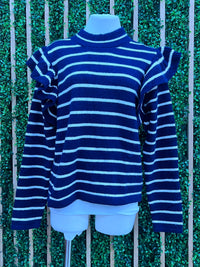 Navy Stripe Ruffle Sleeves Sweater