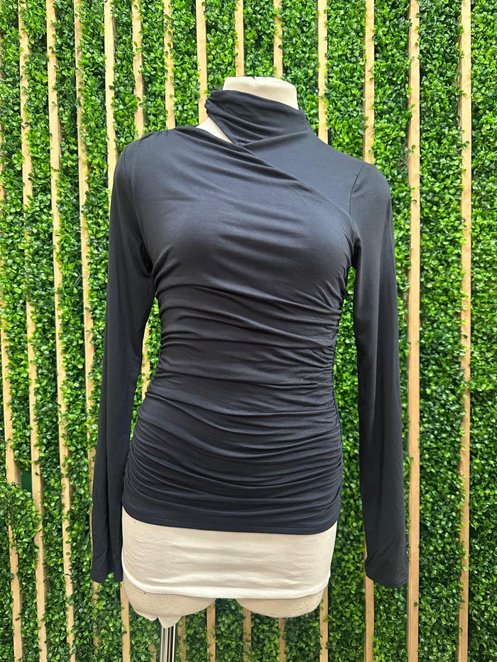 Navy High Asymmetric Neck Long Sleeve Blouse