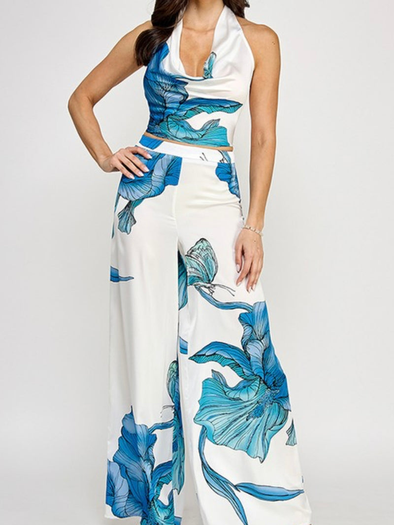 Blue Floral Wide Leg Pant