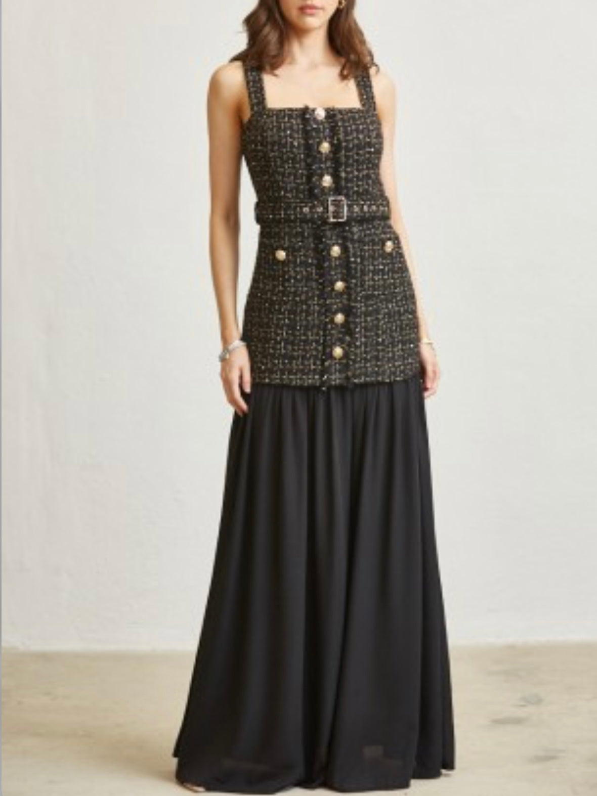 Exquisite Black Sequined Tweed Long Dress