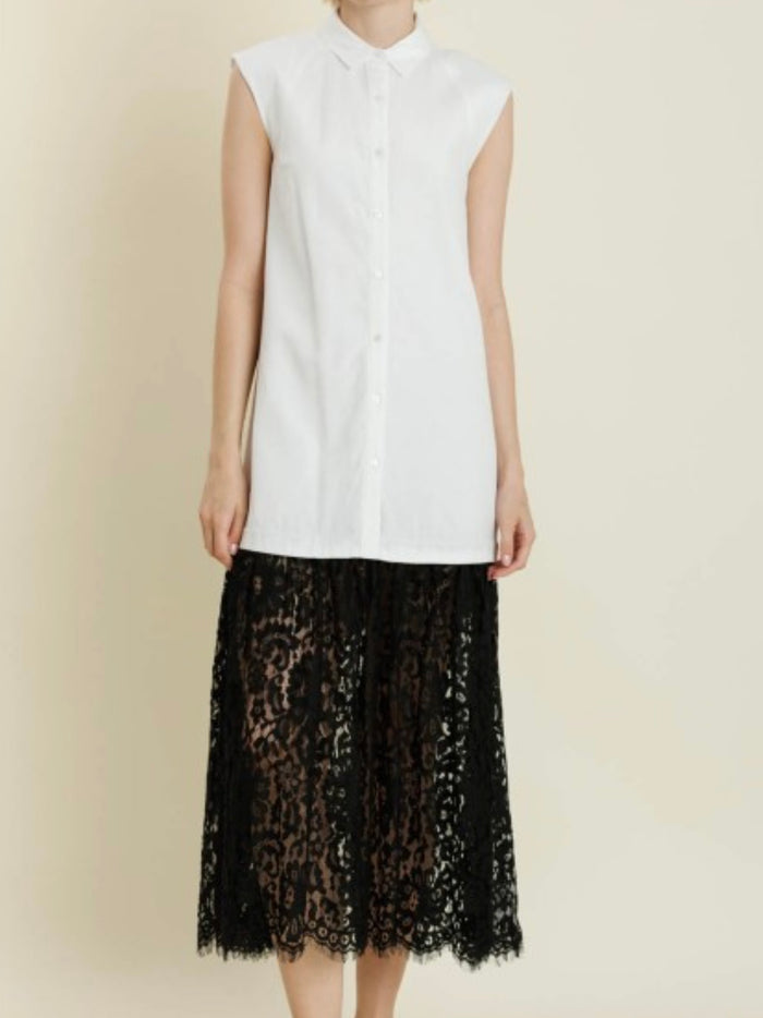 Ivory Black Lace Trim Collared Midi Dress