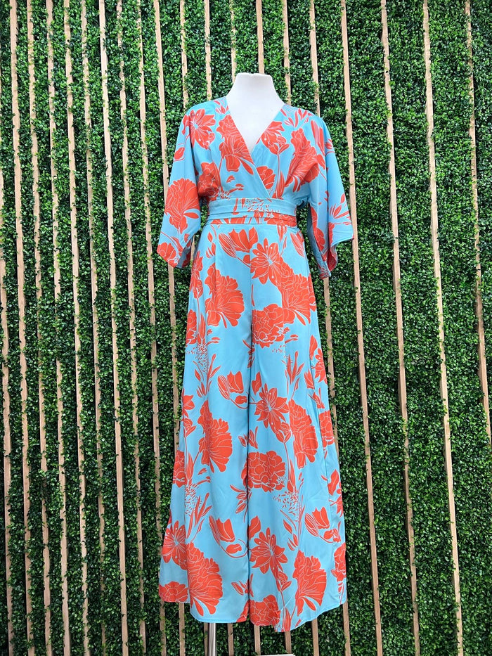 Vibrant Blue Coral Floral V Neck Jumpsuit