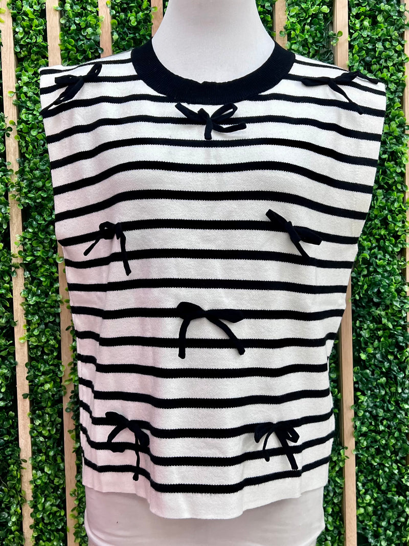 Stripe Contrast Ribbon Sleeveless Sweater Top